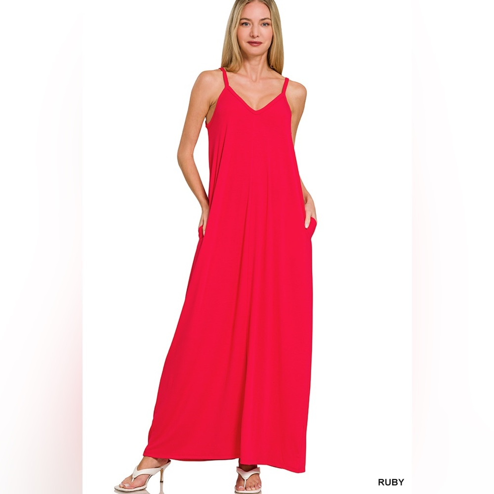 NWT ZENANA V-NECK CAMI MAXI DRESS WITH SIDE POCKETS